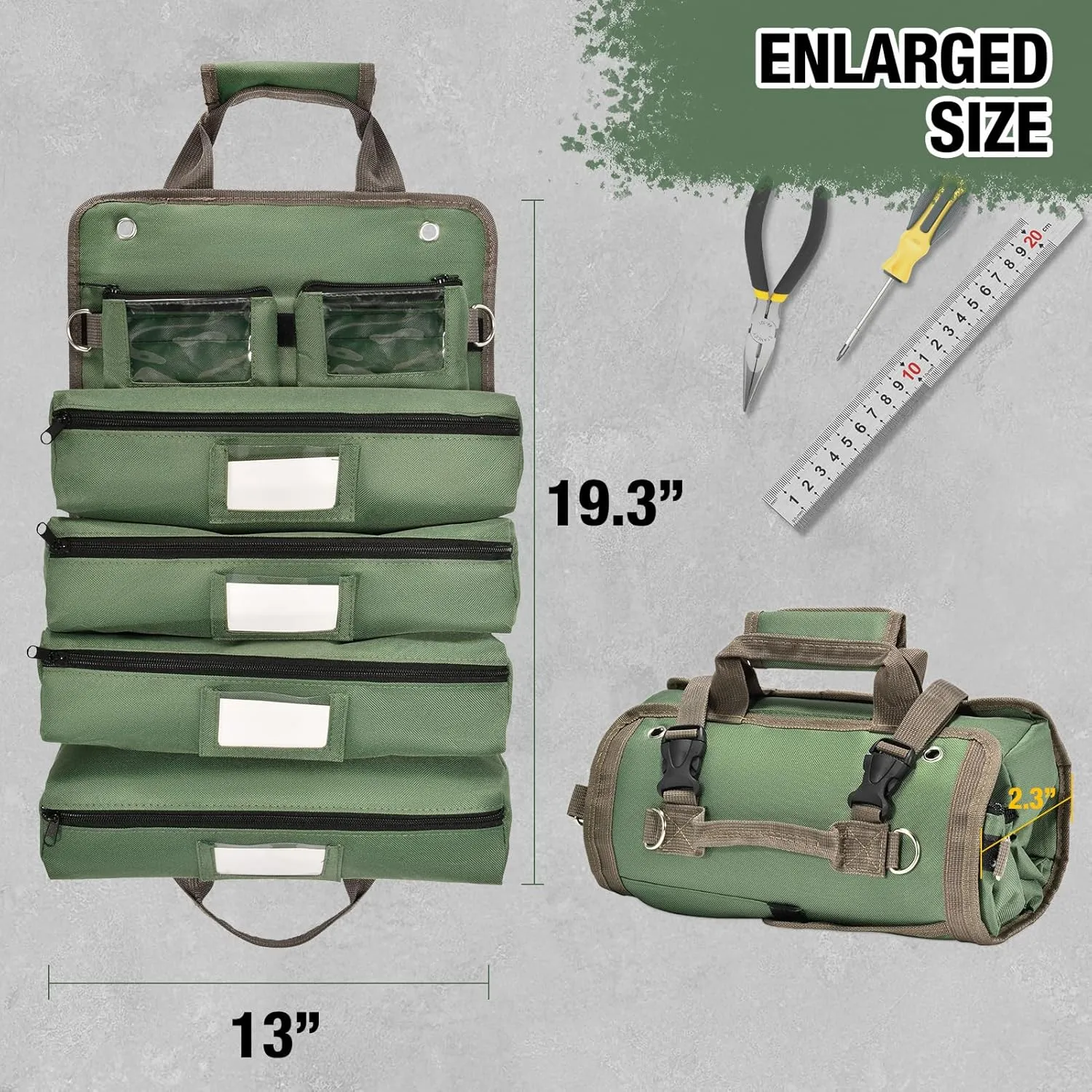 Heavy Duty Roll Up Tool Bag with Detachable Pouches, Waterproof Canvas, Tool Organizer for Mechanics, Electricians, Plumbers, and Carpenters - Perfect Small Gift for Dad (Green)