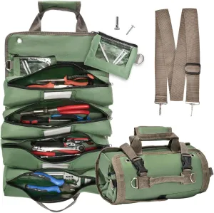 Heavy Duty Roll Up Tool Bag with Detachable Pouches, Waterproof Canvas, Tool Organizer for Mechanics, Electricians, Plumbers, and Carpenters - Perfect Small Gift for Dad (Green)