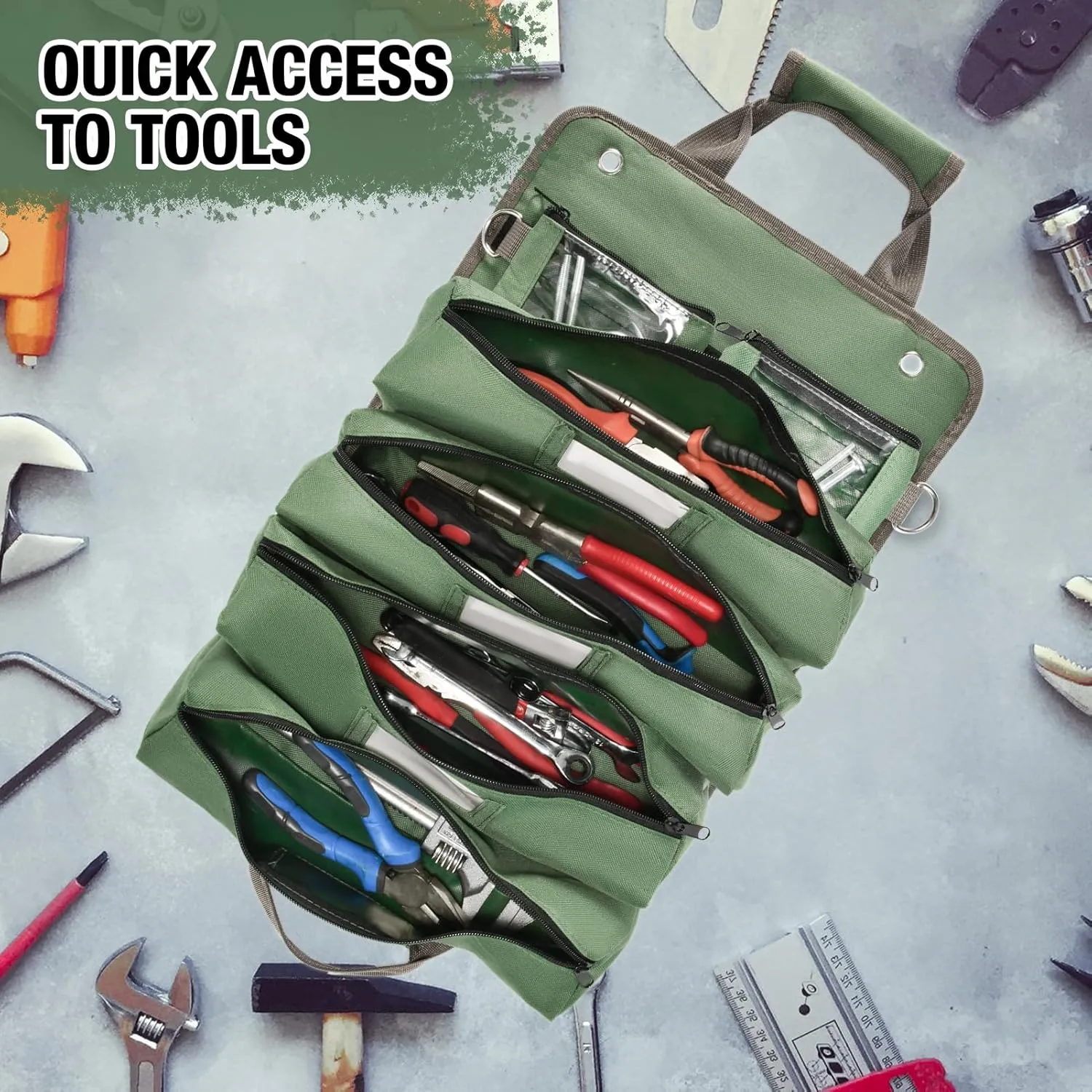 Heavy Duty Roll Up Tool Bag with Detachable Pouches, Waterproof Canvas, Tool Organizer for Mechanics, Electricians, Plumbers, and Carpenters - Perfect Small Gift for Dad (Green)
