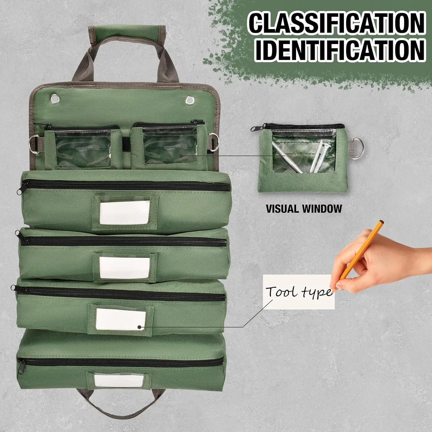 Heavy Duty Roll Up Tool Bag with Detachable Pouches, Waterproof Canvas, Tool Organizer for Mechanics, Electricians, Plumbers, and Carpenters - Perfect Small Gift for Dad (Green)
