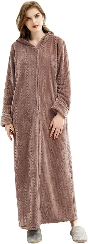 Hellomamma Long Hooded Zipper Bathrobe for Womens Flannel Fleece Robes Winter Warm Housecoat Nightgown Sleepwear Pajamas