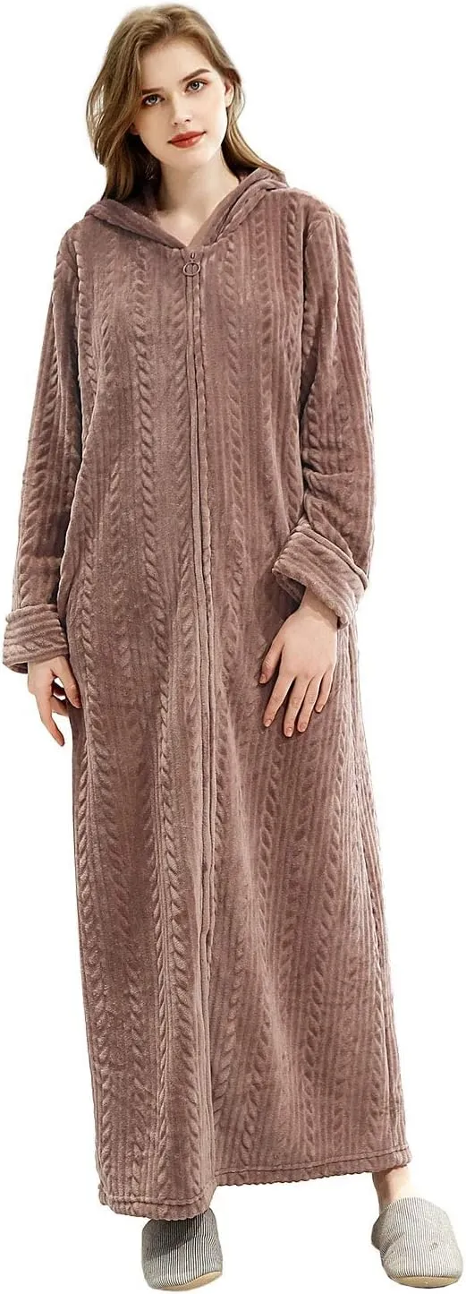 Hellomamma Long Hooded Zipper Bathrobe for Womens Flannel Fleece Robes Winter Warm Housecoat Nightgown Sleepwear Pajamas
