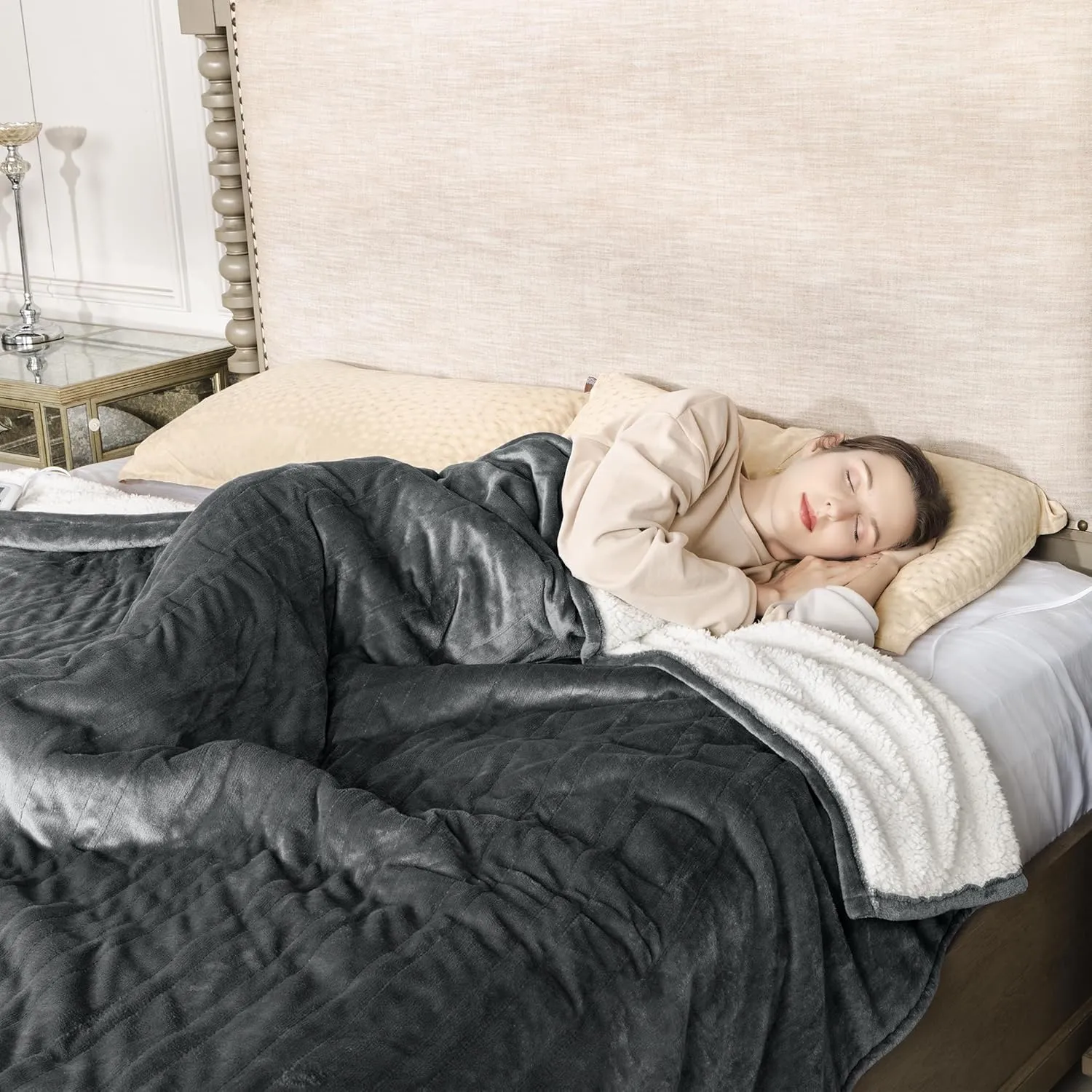 HEYNEMO Heated Blanket Queen Size with Dual Control, Microplush Flannel Electric Blanket for 89°F-108°F,10 Heating Levels Heating Blanket & 1-12 Hours Auto Shut Off, Grey Flannel & White Sherpa