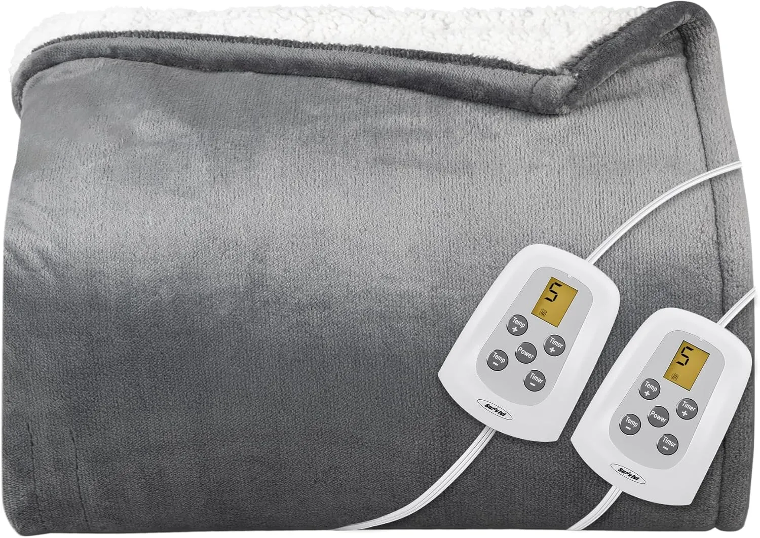 HEYNEMO Heated Blanket Queen Size with Dual Control, Microplush Flannel Electric Blanket for 89°F-108°F,10 Heating Levels Heating Blanket & 1-12 Hours Auto Shut Off, Grey Flannel & White Sherpa