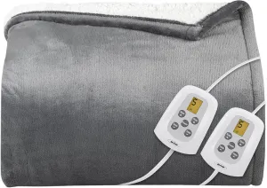 HEYNEMO Heated Blanket Queen Size with Dual Control, Microplush Flannel Electric Blanket for 89°F-108°F,10 Heating Levels Heating Blanket & 1-12 Hours Auto Shut Off, Grey Flannel & White Sherpa