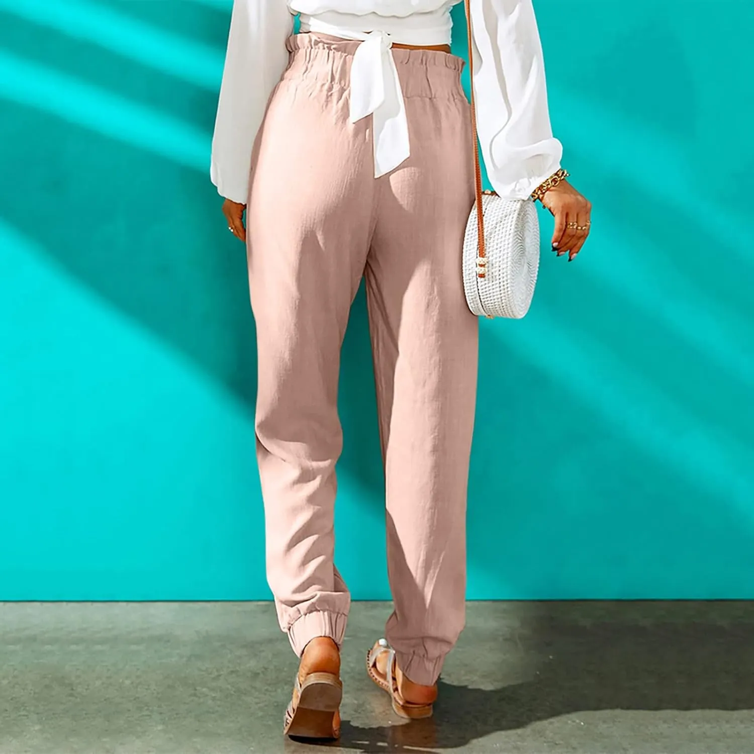HGps8w Paperbag Summer Linen Pants for Women Elastic High Waist Tapered Pants Business Casual Work Trousers with Pockets