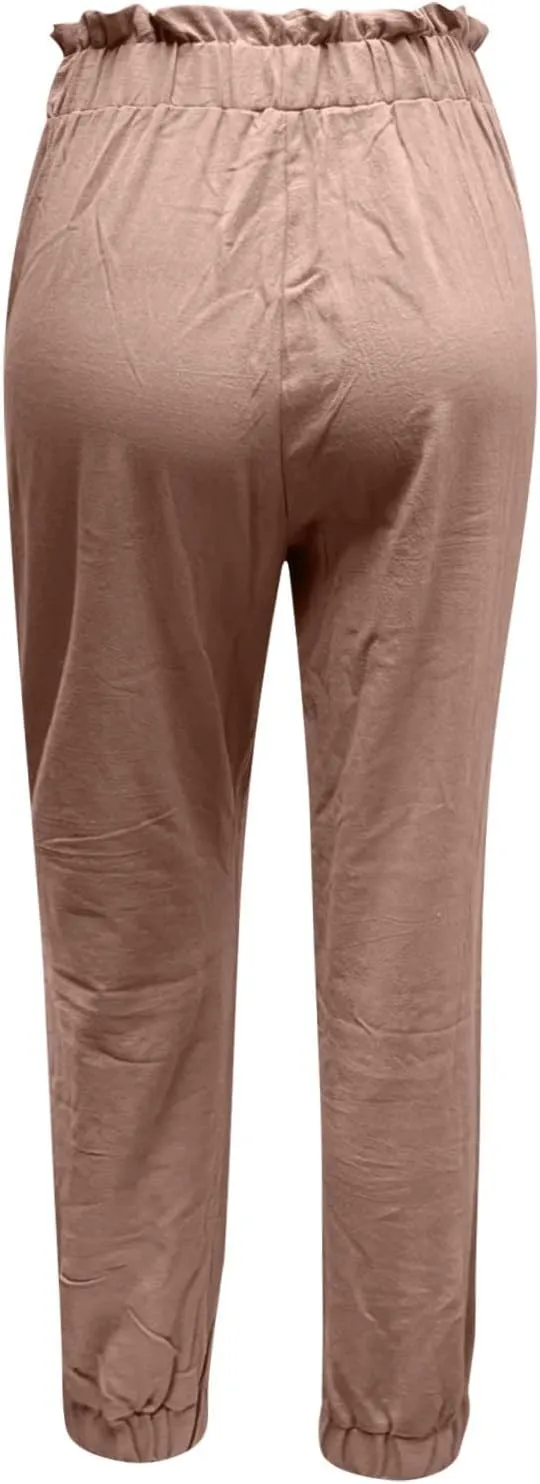 HGps8w Paperbag Summer Linen Pants for Women Elastic High Waist Tapered Pants Business Casual Work Trousers with Pockets