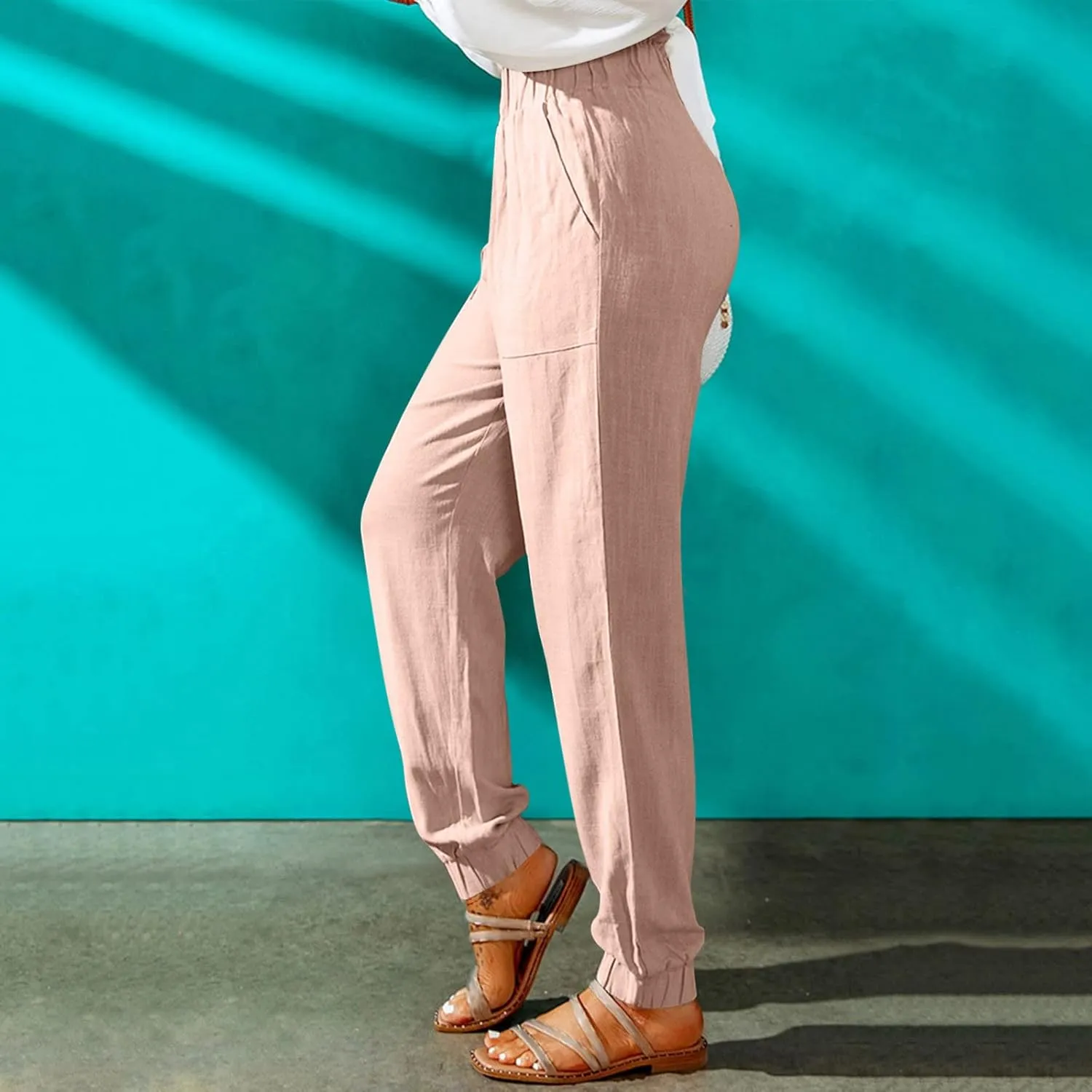 HGps8w Paperbag Summer Linen Pants for Women Elastic High Waist Tapered Pants Business Casual Work Trousers with Pockets