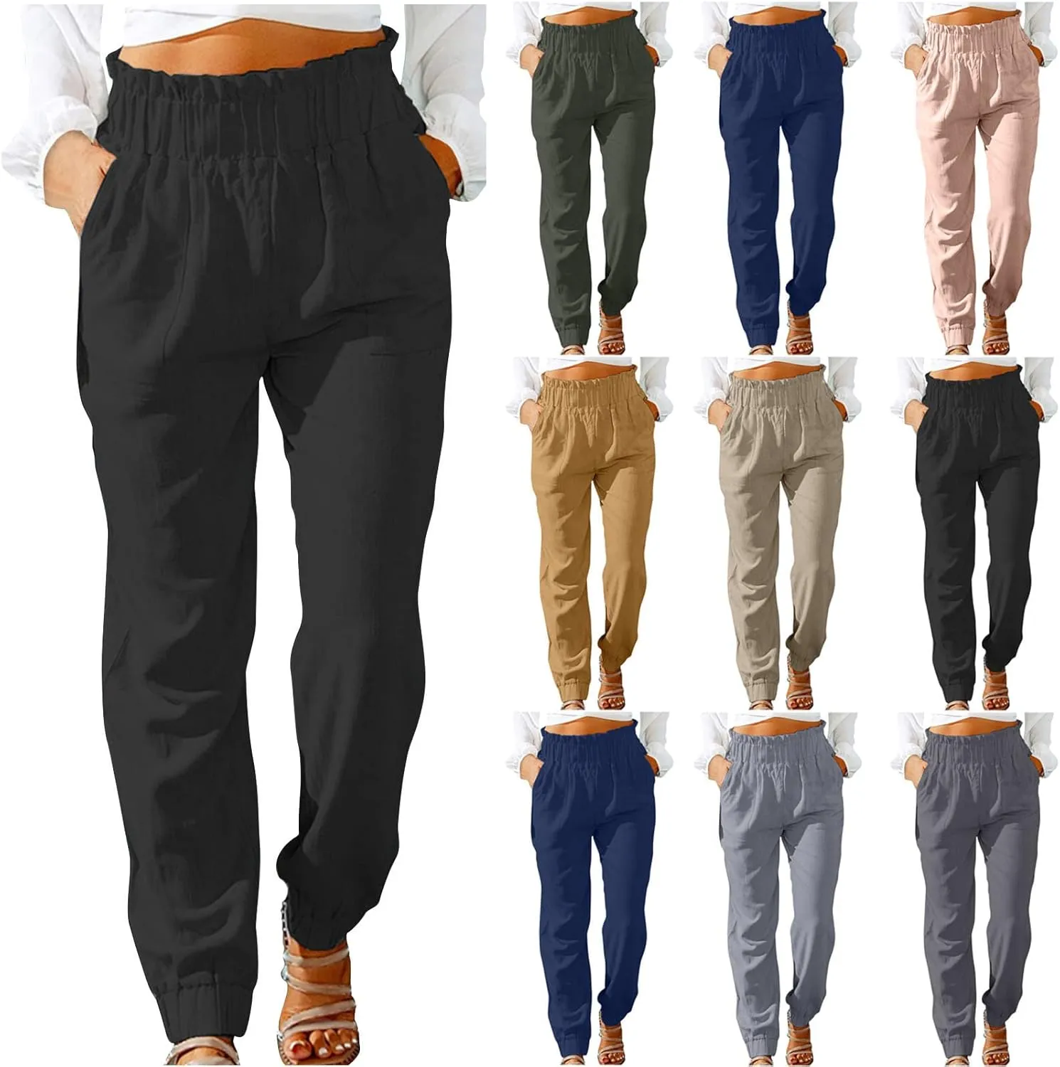 HGps8w Paperbag Summer Linen Pants for Women Elastic High Waist Tapered Pants Business Casual Work Trousers with Pockets