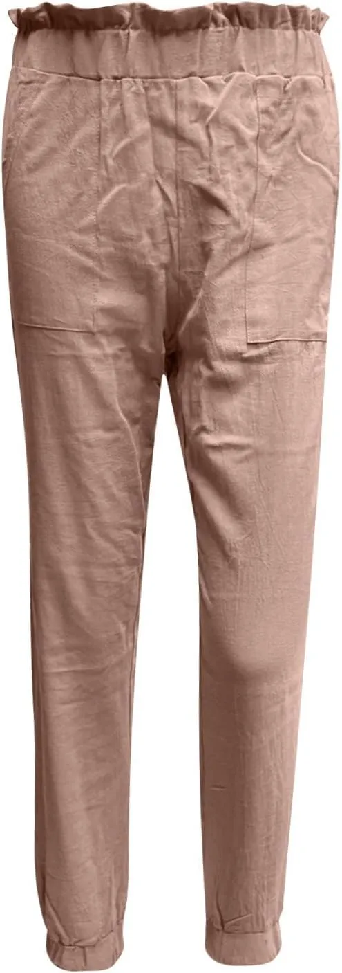 HGps8w Paperbag Summer Linen Pants for Women Elastic High Waist Tapered Pants Business Casual Work Trousers with Pockets