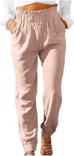 HGps8w Paperbag Summer Linen Pants for Women Elastic High Waist Tapered Pants Business Casual Work Trousers with Pockets