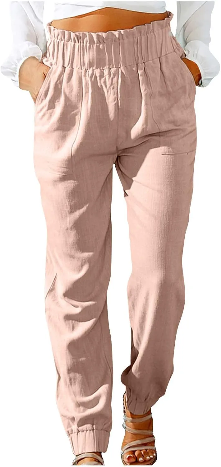 HGps8w Paperbag Summer Linen Pants for Women Elastic High Waist Tapered Pants Business Casual Work Trousers with Pockets