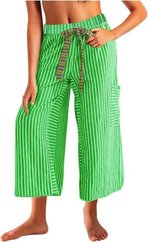 HGps8w Striped Wide Leg Pants for Women Capris - Casual Elastic Waist Versatile Business Work Lounge Pants with Pockets