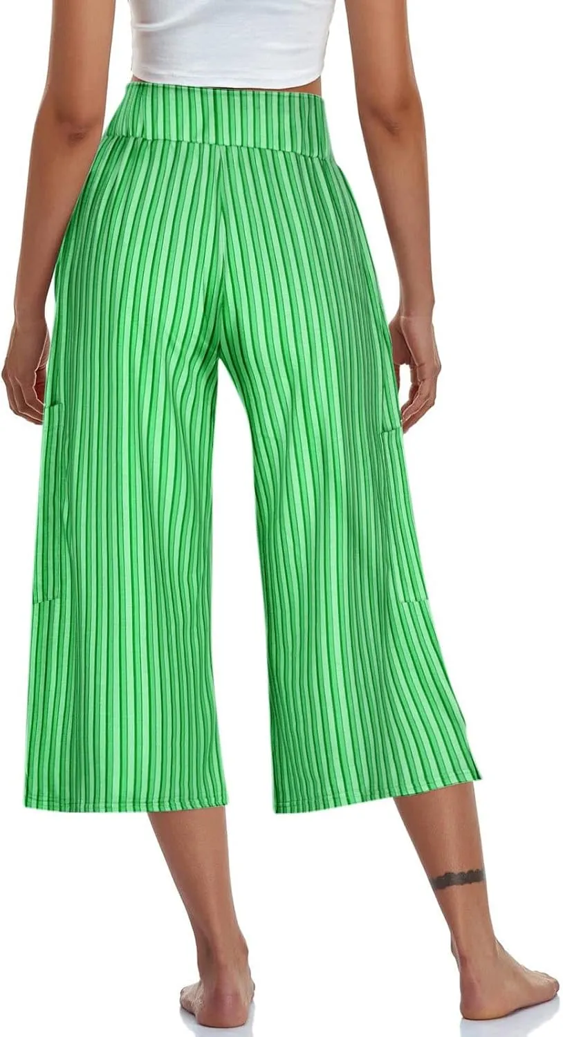 HGps8w Striped Wide Leg Pants for Women Capris - Casual Elastic Waist Versatile Business Work Lounge Pants with Pockets