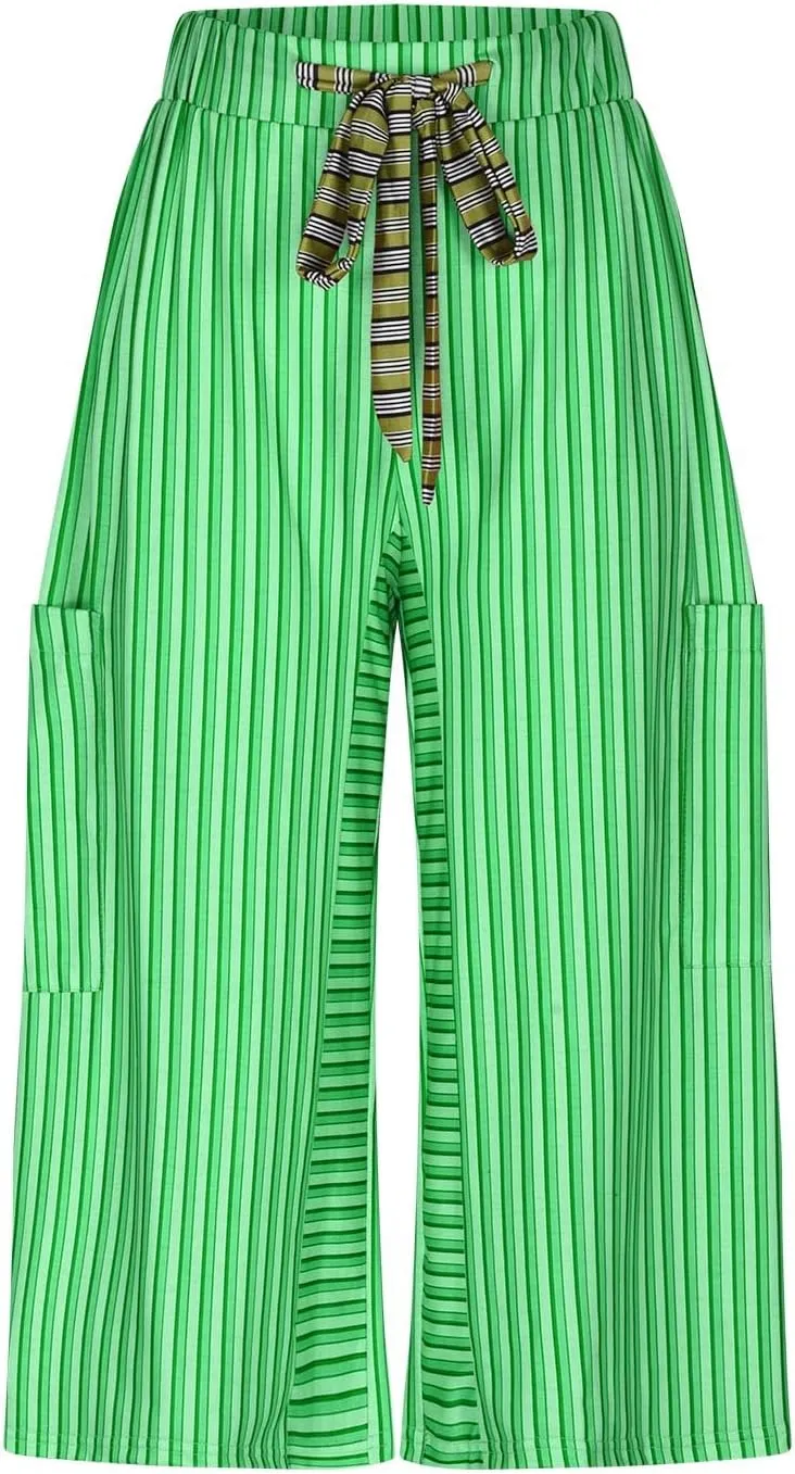 HGps8w Striped Wide Leg Pants for Women Capris - Casual Elastic Waist Versatile Business Work Lounge Pants with Pockets