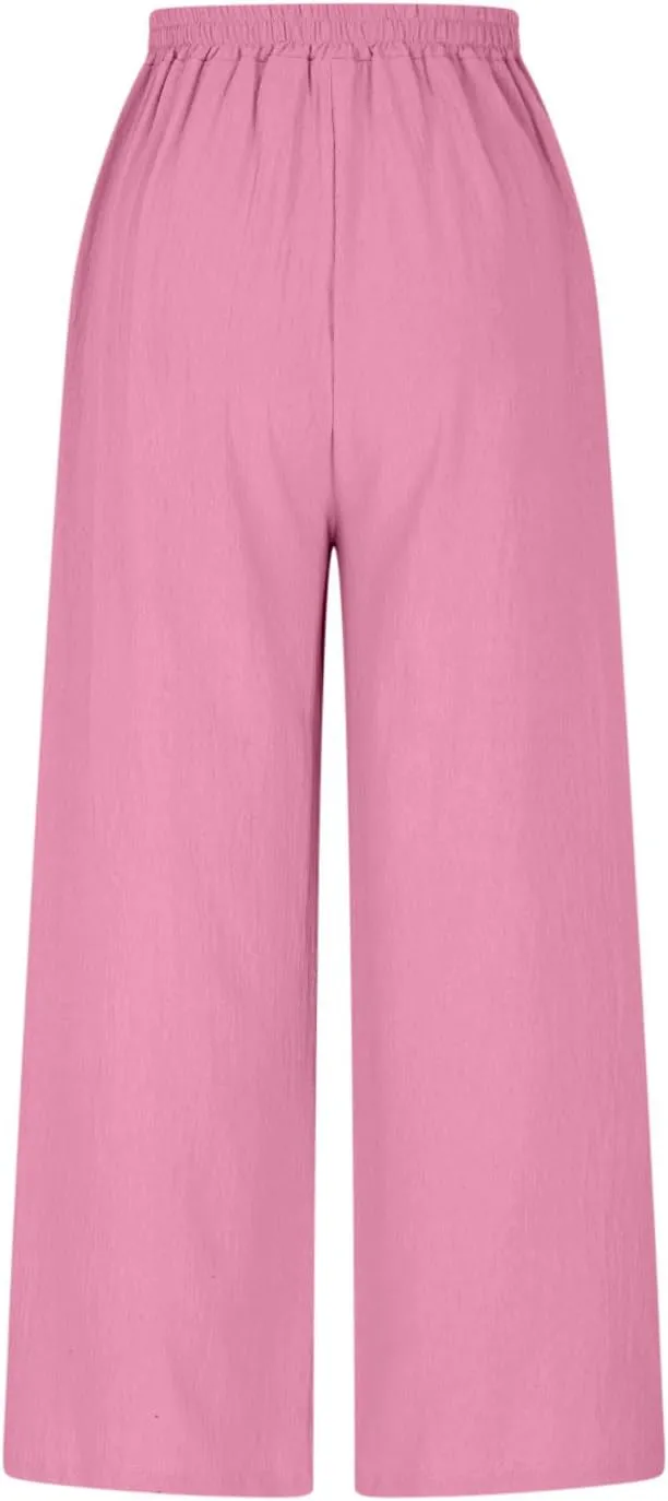 HGps8w Women's Summer Cotton Linen Loose Cropped Palazzo Pants Trendy Wide Leg High Waisted Lounge Trousers with Pockets