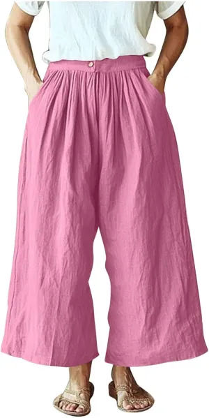 HGps8w Women's Summer Cotton Linen Loose Cropped Palazzo Pants Trendy Wide Leg High Waisted Lounge Trousers with Pockets