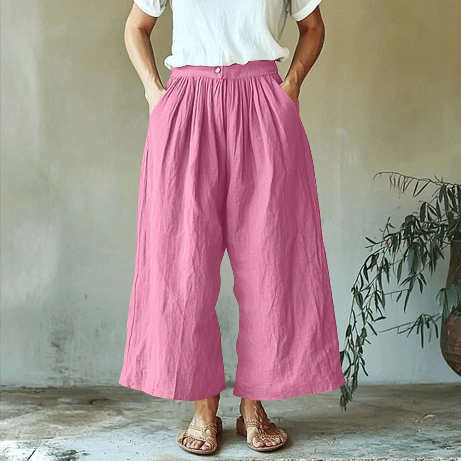 HGps8w Women's Summer Cotton Linen Loose Cropped Palazzo Pants Trendy Wide Leg High Waisted Lounge Trousers with Pockets