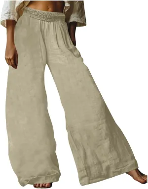 HGps8w Women's Summer Cotton Linen Loose Palazzo Pants Boho Trendy Wide Leg High Waisted Lounge Trousers with Pockets