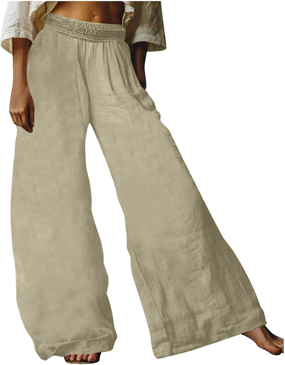 HGps8w Women's Summer Cotton Linen Loose Palazzo Pants Boho Trendy Wide Leg High Waisted Lounge Trousers with Pockets