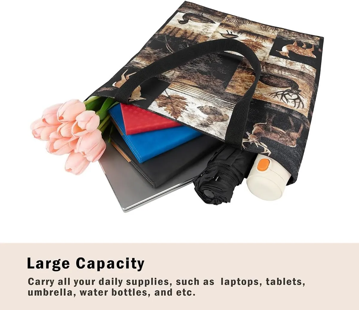 Highland Cow Canvas Tote Bag for Women,Cowboy Farm Animals Foldable Handbag