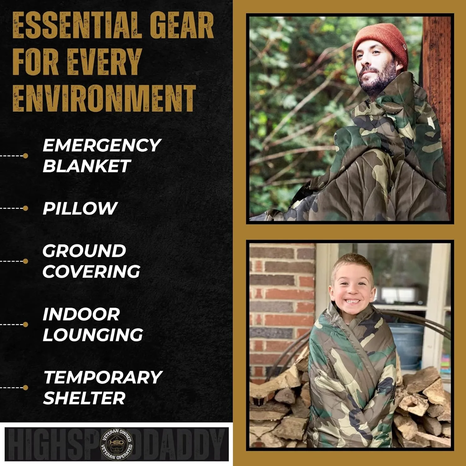 HighSpeedDaddy: Large Woobie Black Blanket & Poncho Liner for Camping & All Weather Use - Water Resistant   Ripstop - Lightweight, Thermal, Insulated - Tactical, Emergency, Outdoor - 82x60