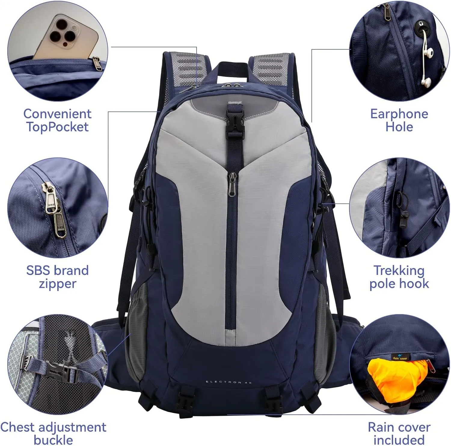 Hiking Backpack 40L, Waterproof Hiking Backpack with Rain Cover, Large Camping Bag Outdoor Sport Travel Daypack
