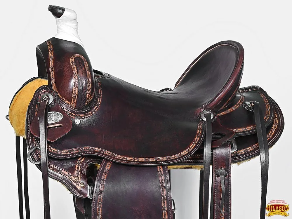 HILASON Western Horse Saddle American Leather Ranch Roping Trail Dark Brown | Hand Tooled | Horse Saddle | Western Saddle | Wade & Roping Saddle | Horse Leather Saddle | Saddle for Horses