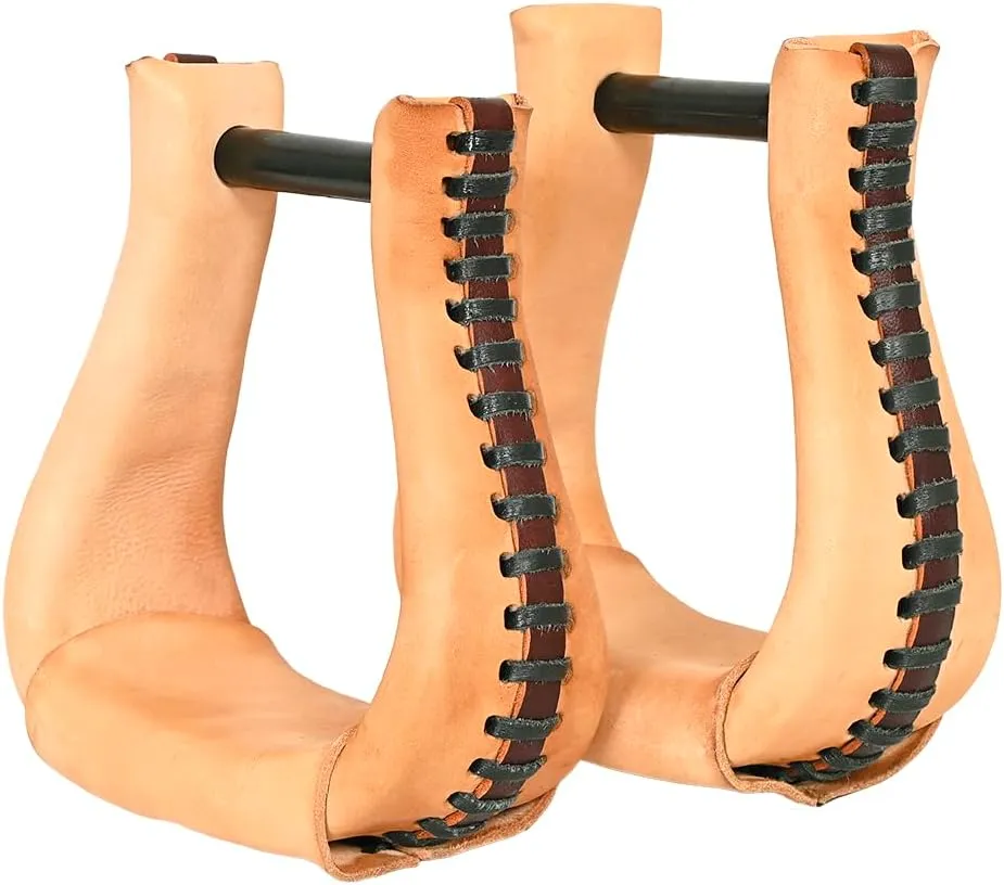 HILASON Western Saddle Bell Oil Leather Horse Saddle Stirrups Neck 3-Inch | Western Saddle Stirrups | Leather Horse Stirrups | Trail Riding Stirrups | Laced Leather Stirrups