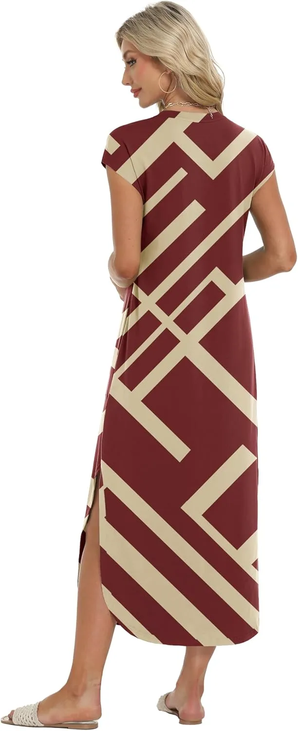 HiMONE Beach Vacation Dresses for Women 2025 Sundress Cap Sleeves Casual Maxi Beach Dress with Pockets XS-2XL