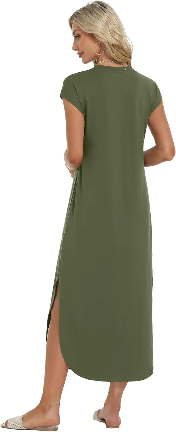 HiMONE Beach Vacation Dresses for Women 2025 Sundress Cap Sleeves Casual Maxi Beach Dress with Pockets XS-2XL