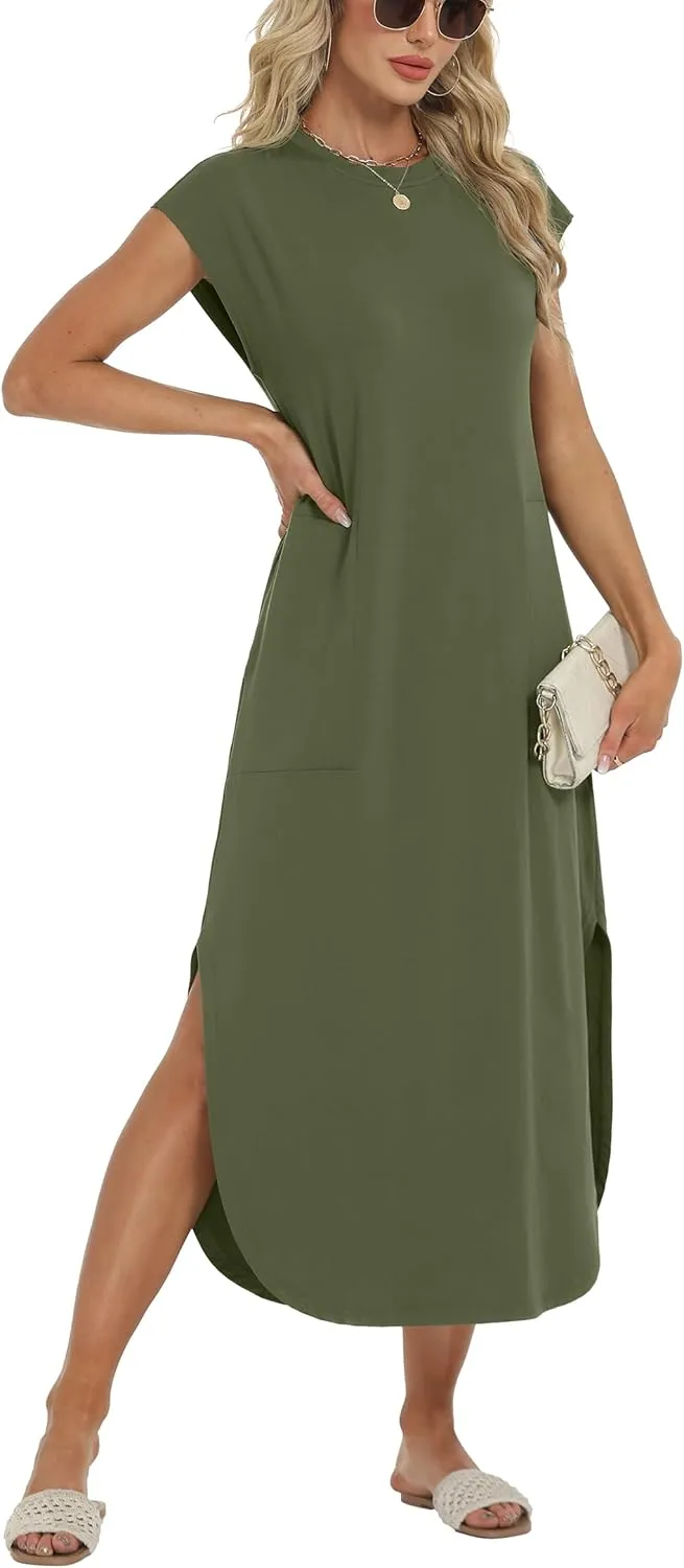 HiMONE Beach Vacation Dresses for Women 2025 Sundress Cap Sleeves Casual Maxi Beach Dress with Pockets XS-2XL