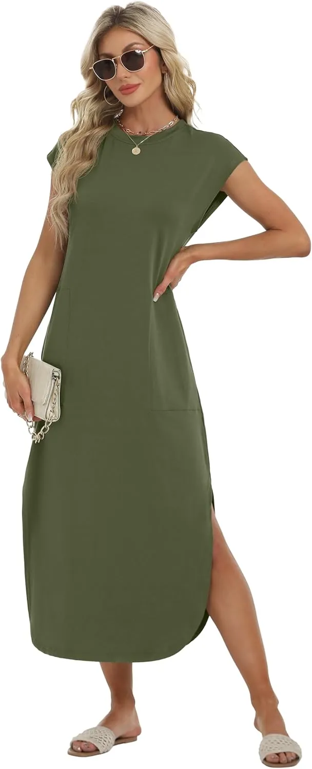 HiMONE Beach Vacation Dresses for Women 2025 Sundress Cap Sleeves Casual Maxi Beach Dress with Pockets XS-2XL