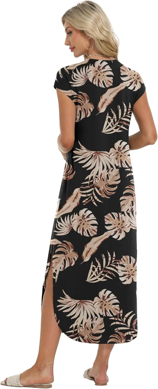 HiMONE Beach Vacation Dresses for Women 2025 Sundress Cap Sleeves Casual Maxi Beach Dress with Pockets XS-2XL