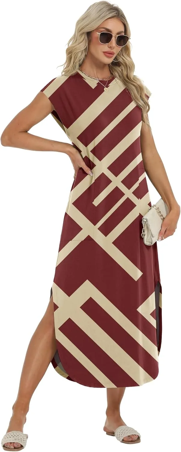 HiMONE Beach Vacation Dresses for Women 2025 Sundress Cap Sleeves Casual Maxi Beach Dress with Pockets XS-2XL