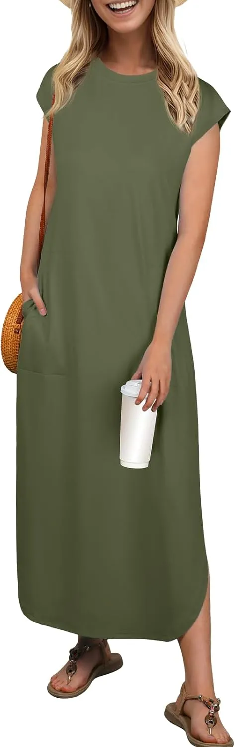HiMONE Beach Vacation Dresses for Women 2025 Sundress Cap Sleeves Casual Maxi Beach Dress with Pockets XS-2XL