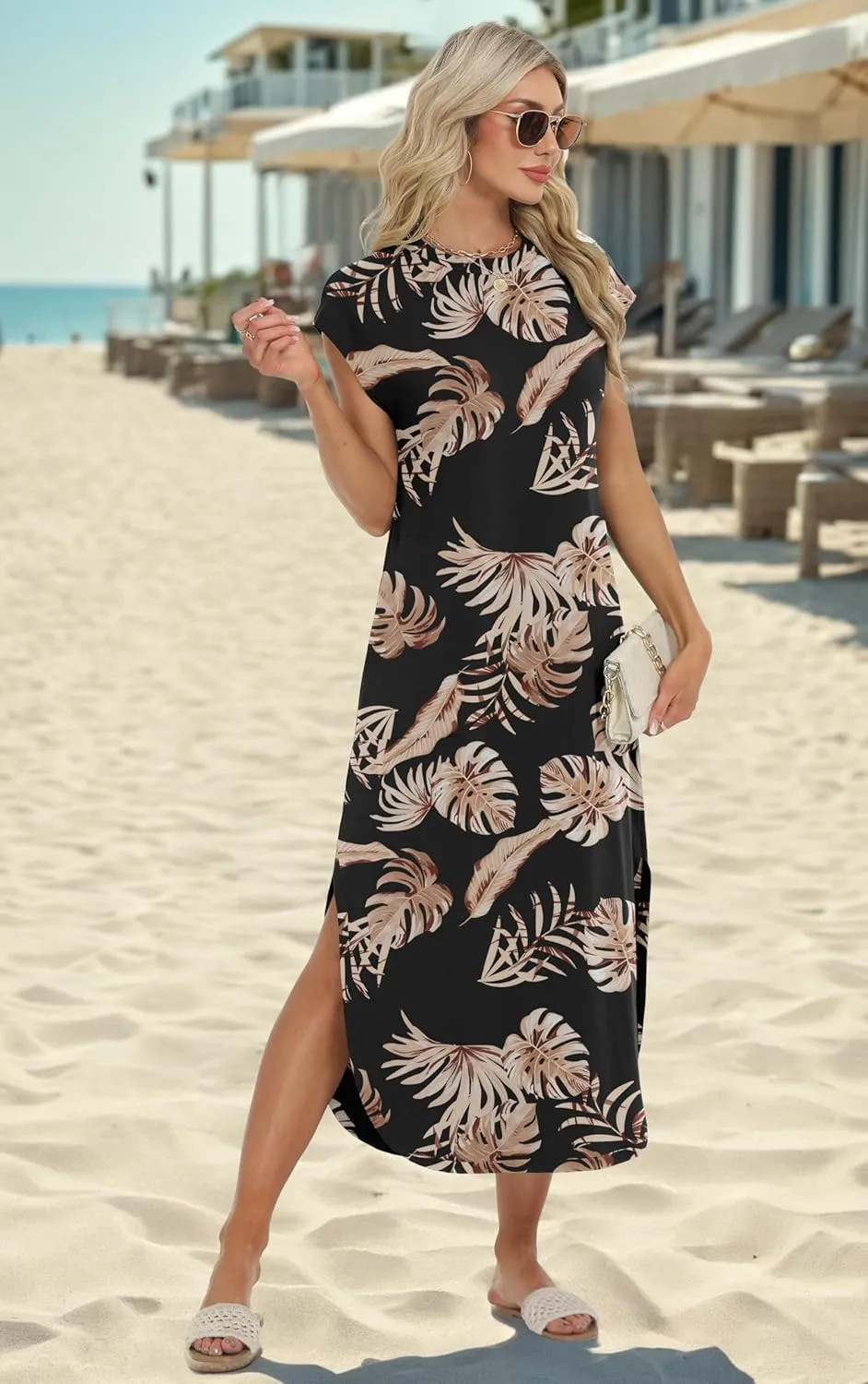 HiMONE Beach Vacation Dresses for Women 2025 Sundress Cap Sleeves Casual Maxi Beach Dress with Pockets XS-2XL