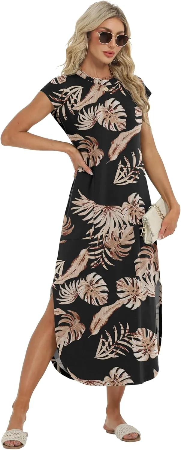 HiMONE Beach Vacation Dresses for Women 2025 Sundress Cap Sleeves Casual Maxi Beach Dress with Pockets XS-2XL