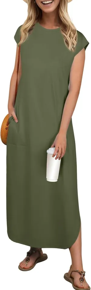 HiMONE Beach Vacation Dresses for Women 2025 Sundress Cap Sleeves Casual Maxi Beach Dress with Pockets XS-2XL
