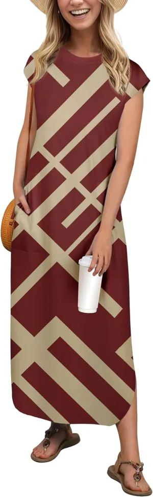 HiMONE Beach Vacation Dresses for Women 2025 Sundress Cap Sleeves Casual Maxi Beach Dress with Pockets XS-2XL