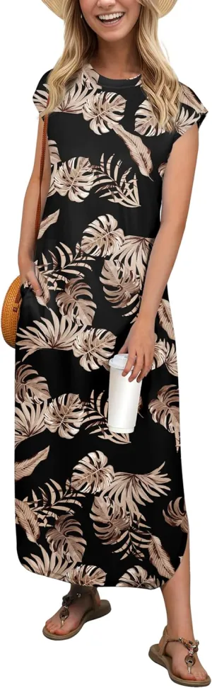 HiMONE Beach Vacation Dresses for Women 2025 Sundress Cap Sleeves Casual Maxi Beach Dress with Pockets XS-2XL