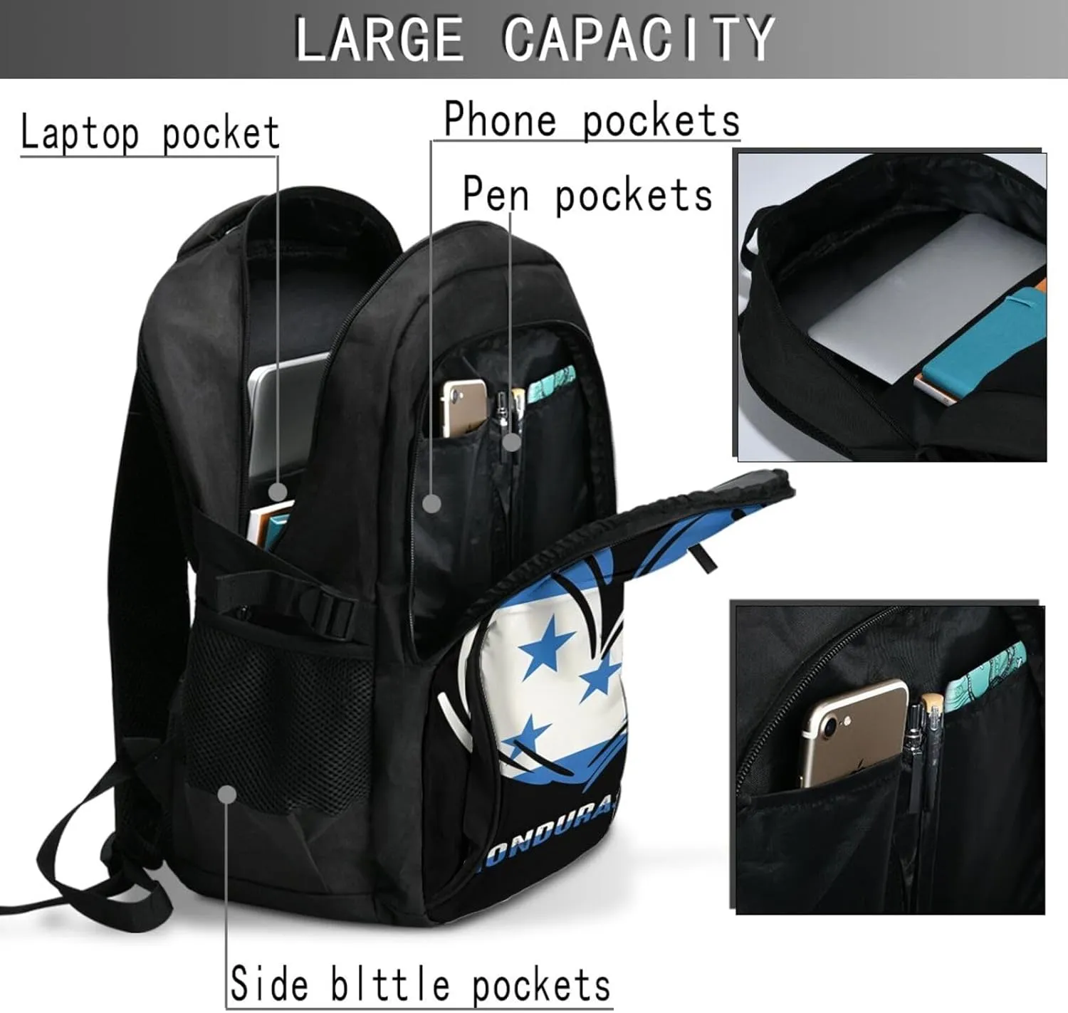 Honduras Flag Heart Travel Backpacks Casual Backpack Large Capacity Laptop Rucksack Luggage Daypacks with USB Charging Port Multi-Pockets Bags for Hiking