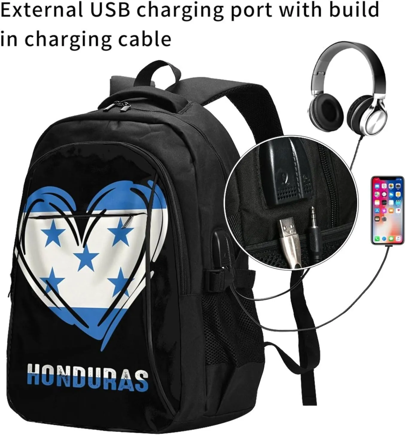 Honduras Flag Heart Travel Backpacks Casual Backpack Large Capacity Laptop Rucksack Luggage Daypacks with USB Charging Port Multi-Pockets Bags for Hiking