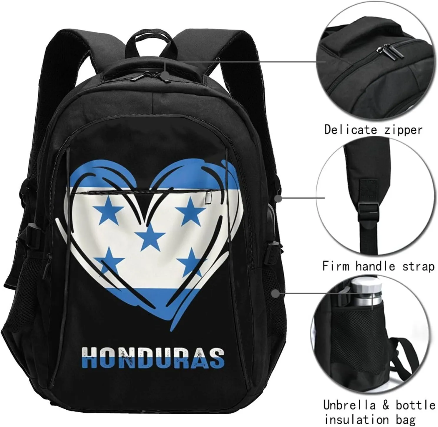 Honduras Flag Heart Travel Backpacks Casual Backpack Large Capacity Laptop Rucksack Luggage Daypacks with USB Charging Port Multi-Pockets Bags for Hiking