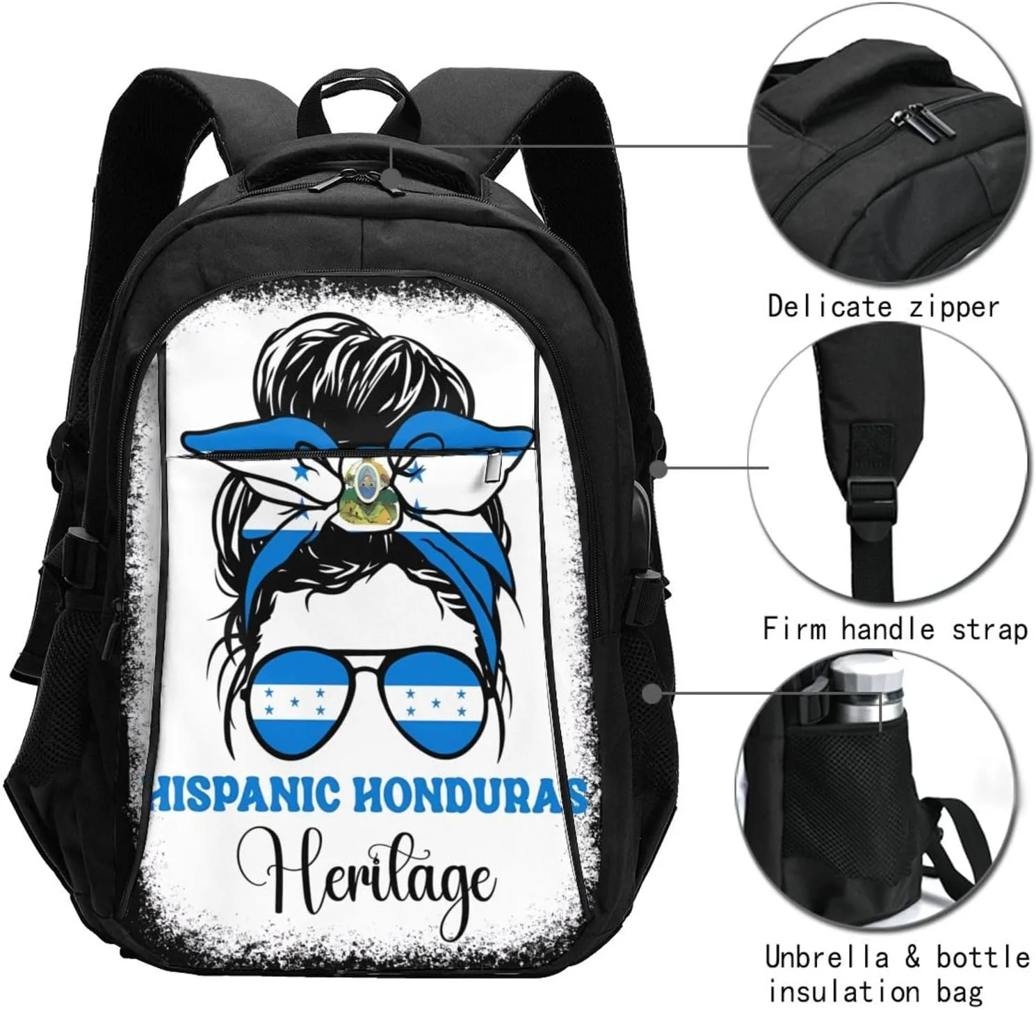 Honduras Flag Hispanic Heritage Month Messy Bun Travel Backpacks Casual Backpack Large Capacity Laptop Rucksack Luggage Daypacks with USB Charging Port Multi-Pockets Bags for Hiking