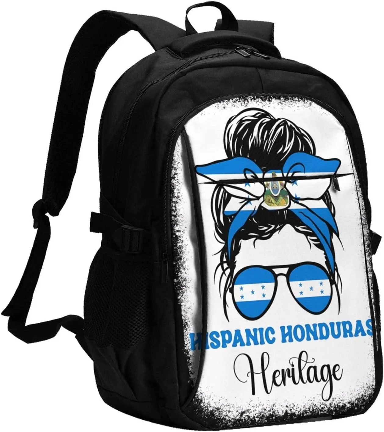 Honduras Flag Hispanic Heritage Month Messy Bun Travel Backpacks Casual Backpack Large Capacity Laptop Rucksack Luggage Daypacks with USB Charging Port Multi-Pockets Bags for Hiking
