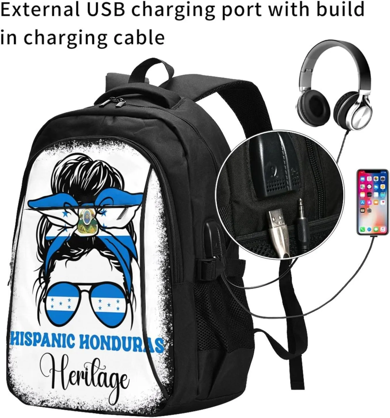 Honduras Flag Hispanic Heritage Month Messy Bun Travel Backpacks Casual Backpack Large Capacity Laptop Rucksack Luggage Daypacks with USB Charging Port Multi-Pockets Bags for Hiking
