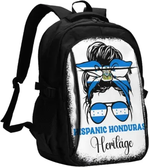 Honduras Flag Hispanic Heritage Month Messy Bun Travel Backpacks Casual Backpack Large Capacity Laptop Rucksack Luggage Daypacks with USB Charging Port Multi-Pockets Bags for Hiking