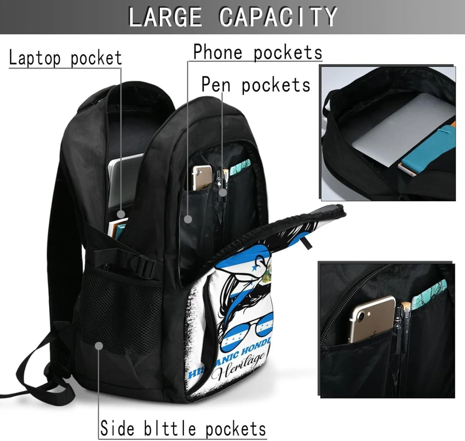 Honduras Flag Hispanic Heritage Month Messy Bun Travel Backpacks Casual Backpack Large Capacity Laptop Rucksack Luggage Daypacks with USB Charging Port Multi-Pockets Bags for Hiking