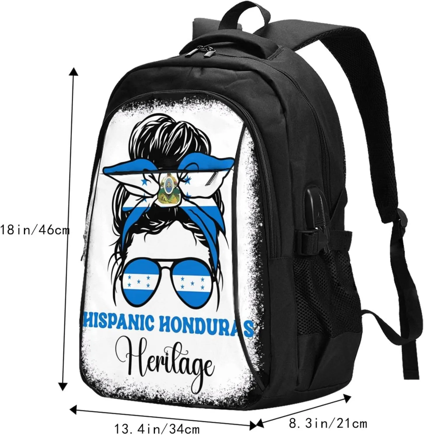 Honduras Flag Hispanic Heritage Month Messy Bun Travel Backpacks Casual Backpack Large Capacity Laptop Rucksack Luggage Daypacks with USB Charging Port Multi-Pockets Bags for Hiking